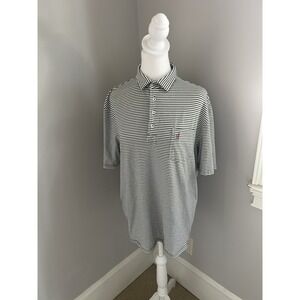 Johnnie-O Hanging Out Mens M Polo Shirt Green & White Stripes Golf Shirt Stretch